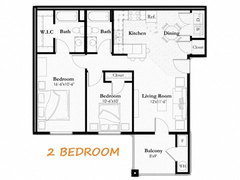 Floor plan for 2 beds, 2 baths, 888 sqft
